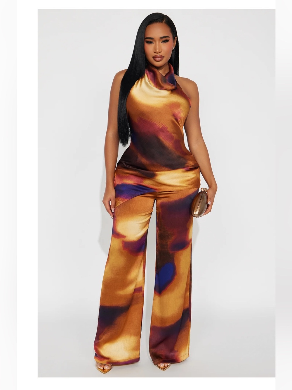 Satin Cowl Neck Top and Pants SET in Burnt Orange & Jewel Tones